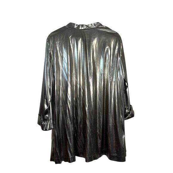 Metallic Silver 2-Piece Set Open Front Duster Jacket & Short Sleeve Top Womens S - Picture 3 of 12